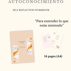 Puede incluir: Un cuaderno de autorreflexión con el título "Workbook de Autoconocimiento" y el subtítulo "Self Reflection Workbook". La portada es beige con marcadores decorativos. También se ve el texto "Para entender lo que estás sintiendo". El cuaderno contiene 14 páginas (A4).