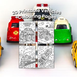 Peut inclure: Des véhicules miniatures entourent quatre pages à colorier en noir et blanc. Les pages présentent des illustrations d'un monster truck, d'une voiture de course, d'un train et d'une fusée. Le texte "20 Printable Vehicles Colouring Pages" est en haut.