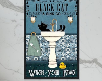 Pôster Gato Preto Lave Suas Patas | Decoração para Banheiro, Arte de Parede para Cozinha