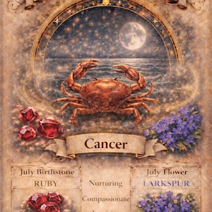 May include: An illustrated Cancer zodiac card featuring a crab, a night sky with a full moon, and ruby gemstones. The card includes the text "Cancer Energy" and "Cancer", with details about the July birthstone, ruby, and the July flower, larkspur.