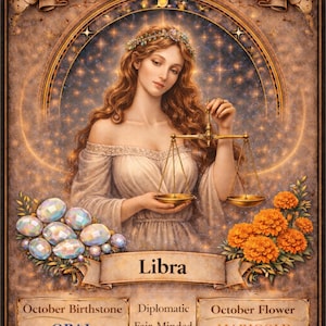 Op de afbeelding: Artistieke illustratie van een Weegschaal sterrenbeeldkaart. Het toont een vrouw die weegschalen vasthoudt, omringd door goudsbloemen en opalen. De kaart bevat de tekst "Libra Energy" en "Libra", samen met andere beschrijvende tekst.