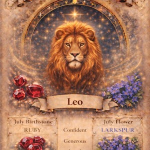 Pode incluir: Imagem ilustrada do signo do zodíaco Leão. Apresenta uma cabeça de leão, pedras preciosas de rubi e flores de espargos. O texto inclui "Leo Energy", "Leo", "July Birthstone Ruby" e "July Flower Larkspur". A imagem tem um tema vintage e celestial.