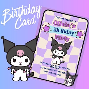 Peut inclure: Une carte d'anniversaire avec un personnage de dessin animé et le texte "Birthday Card". L'invitation indique "You are invited to Olivia's Birthday Party" avec la date, l'heure et les informations RSVP. La carte a un fond à carreaux violets et blancs.