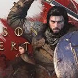 以下が含まれることがあります： 画像には、金色の文字で「CRIMSON DESERT」と書かれています。 盾と剣を持った戦士が前景にいて、他の人物と赤と白の背景があります。 戦士は鎧を着ており、真剣な表情をしています。