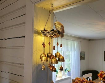 Campanilla de viento rústica con forma de pájaro, campanas de metal vintage, decoración colgante estilo granja, campanillas de viento con forma de pájaro para jardín estilo bohemio, adorno para el hogar.