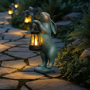 Bunny Garden Statue With Lantern, Outdoor Resin Bunny Light Decor, Yard Ornament Patio Lawn Night Light, Cute Yard & Pathway Decor.
