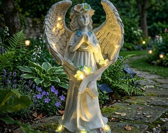 Solar Angel Garden Statue with LED Lights, Outdoor Memorial Angel Decor, Sympathy Gift, Glowing Yard Figurine, Cemetery Ornament.