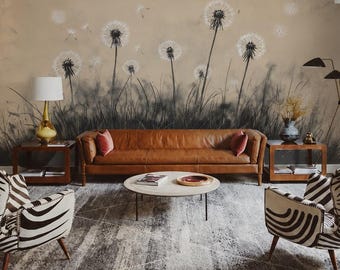 Fototapeta Boho Dandelion, neutralna beżowa tapeta, nowoczesna minimalistyczna dekoracja ścienna z motywem botanicznym