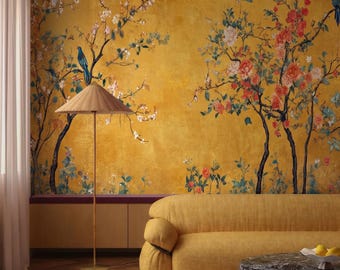 Murale da parete in stile Chinoiserie color oro giallo antico con scena floreale.