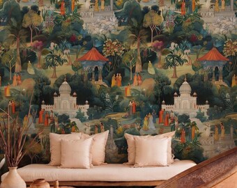 Vintage Mughal Garden Wallpaper, Dark Green Botanical Mural, Peel and Stick Wall Art