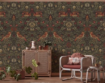 Vintage William Morris Birds Floral Wallpaper, Dark Botanical Peel Stick Mural (Removable)