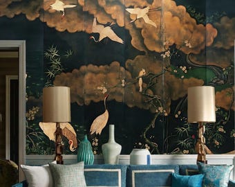 Mural del jardín del Palacio de Mihrace / Papel pintado con paneles de pavos reales del Árbol de la Vida / Arte histórico indio