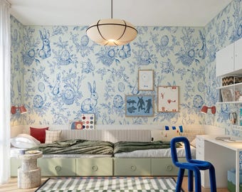 Carta da parati con coniglietti blu in stile Toile de Jouy / Murale vintage con conigli e fiori per la cameretta (autoadesiva)
