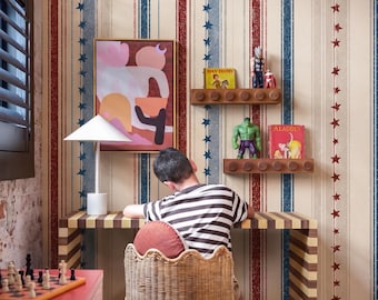 Papel pintado vintage americano a rayas, estrellas rojas, blancas y azules (autoadhesivo)