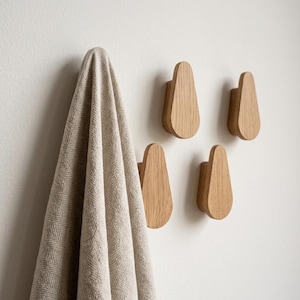 Ganchos de pared de madera de roble / Toallero moderno para baño y recibidor / Percheros minimalistas / Juego de percheros decorativos de pared de madera maciza