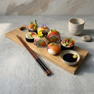 Op de afbeelding: Een rechthoekige houten serveerplank met een assortiment sushirolletjes gegarneerd met zalm, tonijn, avocado en eetbare bloemen. Een paar donkerhouten eetstokjes, een klein keramieken kommetje met sojasaus en een keramieken kopje zijn inbegrepen.