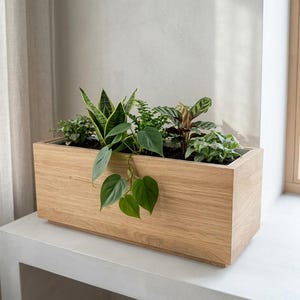 Solid Oak Wood Planter with Self-Watering Insert, Modern Watertight Window Sill Pot