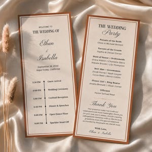 May include: Two rectangular wedding program cards with cream-colored paper and burnt orange borders. The left card displays the wedding of Ethan and Isabella, including a timeline from 3:30 PM to 9:00 PM. The right card lists the wedding party and a thank you note.