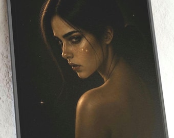 Golden Stardust Woman gerahmtes Poster | Dark Celestial Wall Art | Mystisches weibliches Porträt | Luxus Gothic Dekor