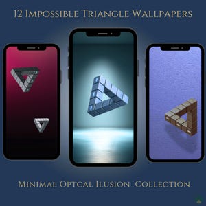Op de afbeelding: Drie smartphones met achtergronden van onmogelijke driehoeken. De telefoons tonen verschillende kleurenschema's, waaronder verlopen en effen achtergronden. De tekst bovenaan luidt "12 Impossible Triangle Wallpapers" en de tekst onderaan luidt "Minimal Optical Illusion Collection."