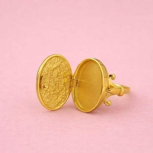 Può includere: Un anello color oro con un medaglione di forma ovale aperto. Il medaglione presenta un interno strutturato e decorato su un lato e un interno liscio e concavo sull'altro. Il gambo dell'anello è collegato alla struttura del medaglione.