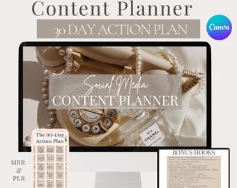 Planificador de contenido para redes sociales / Plan de acción de 30 días (plantilla editable de Canva)