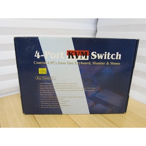 May include: A navy blue box with a white diagonal stripe features the text "4-Port KVM Switch." It controls 4 PCs from one keyboard, monitor, and mouse. Key features are listed on the box.