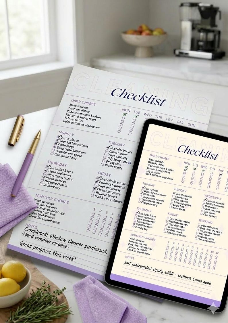 Purple Modern Cleaning Checklist, Daily Weekly Monthly Planner (digital ...