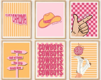 May include: A set of six framed wall art prints featuring Oklahoma State University themes. Designs include a striped Oklahoma map, a cowboy hat, a hand gesture with Go Pokes text, a directional sign, repeating Cowboys text, and white boots with a disco ball.