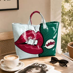 Pop Art Tote Bag, Red Lips Shoulder Bag, Glossy Comic Handbag, Large Shopping Tote, Retro Statement Purse, Gift for Her