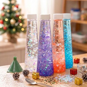 May include: Four clear, tapered plastic bottles filled with liquid and iridescent glitter in silver, purple, orange, and blue. Each bottle has a white screw-on cap. A green plastic funnel, a silver spoon, small pinecones, and tiny gift boxes are present.