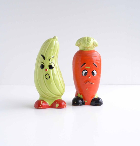 Items similar to Vintage Vegetable Salt and Pepper Shakers with Faces
