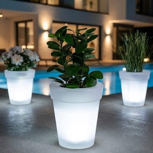 May include: Three illuminated white planters with plants sit near a pool at night. The planters have a classic flower pot shape and glow with an internal light. One planter has white flowers, another has green leafy plants, and the third has tall green grass.