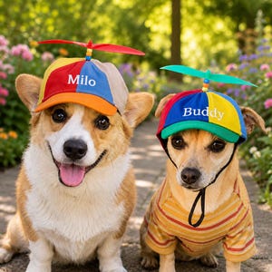 以下が含まれることがあります： カラフルなプロペラ帽子をかぶって笑顔の2匹の犬。1匹はコーギー、もう1匹は雑種です。コーギーの帽子には「Milo」、もう1匹の犬の帽子には「Buddy」と書かれています。犬たちは花に囲まれた石畳の上に座っています。