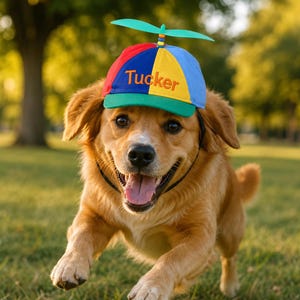 May include: A golden-brown dog wearing a multi-colored propeller hat with red, yellow, blue, and green panels. The hat features the name Tucker embroidered in orange thread on the front yellow panel and a green plastic propeller on top.