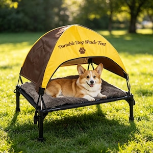 Personalized Elevated Dog Bed with Canopy, Custom Outdoor Raised Pet Tent Cot, Waterproof Cooling Shade Bed for Camping & Beach