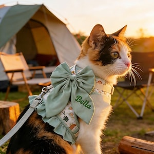 May include: A calico cat wearing a mint green harness with a large bow and the name "Bella" embroidered on it. The harness has a floral pattern and is attached to a leash. The cat is outdoors near a tent and camping gear.