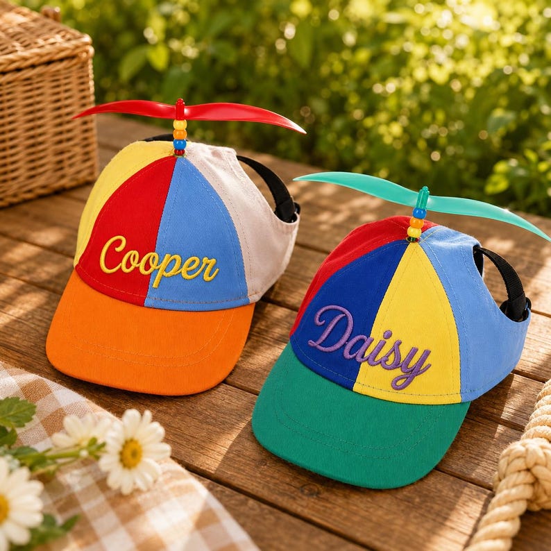 May include: Two multi-colored propeller caps featuring a red, blue, yellow, and orange panel design. The left cap has the name Cooper embroidered in yellow, and the right cap has the name Daisy embroidered in purple, both topped with a plastic propeller.