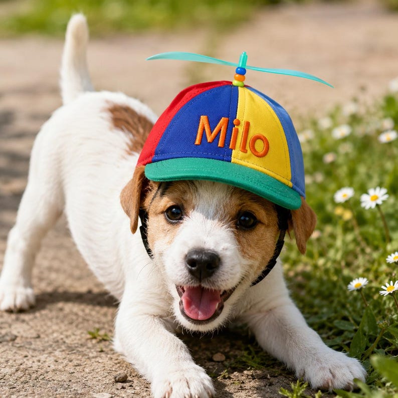 May include: A multi-colored baseball cap featuring red, blue, and yellow panels with a green brim. The cap has the name Milo embroidered in orange on the front and a light blue plastic propeller attached to the top with small colorful beads.