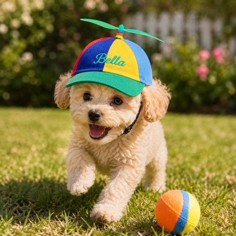 May include: A multi-colored propeller hat featuring red, blue, yellow, and green panels with a green brim and a spinning propeller on top. The hat is embroidered with the name Bella in cursive script and includes a black chin strap for secure fit.