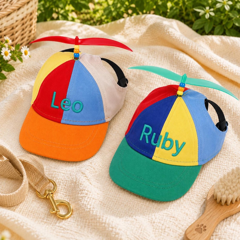 May include: Two colorful dog baseball caps with propeller attachments. One cap is orange, red, yellow, and blue with "Leo" embroidered in green. The other is green, yellow, blue, and red with "Ruby" embroidered in blue. Both have black chin straps.