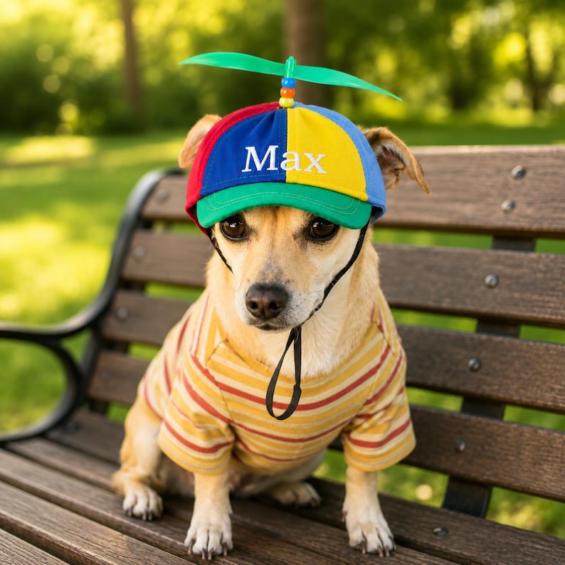 May include: A small dog wearing a colorful propeller hat with the name "Max" embroidered on the front. The dog is also wearing a yellow and red striped shirt, sitting on a wooden bench in a park.
