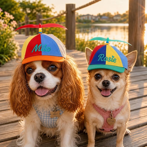 Personalized Propeller Helicopter Pet Hats, Custom Colourful Propeller Hat, Embroidered Name Pet Baseball Caps, Rainbow Helicopter Baseball