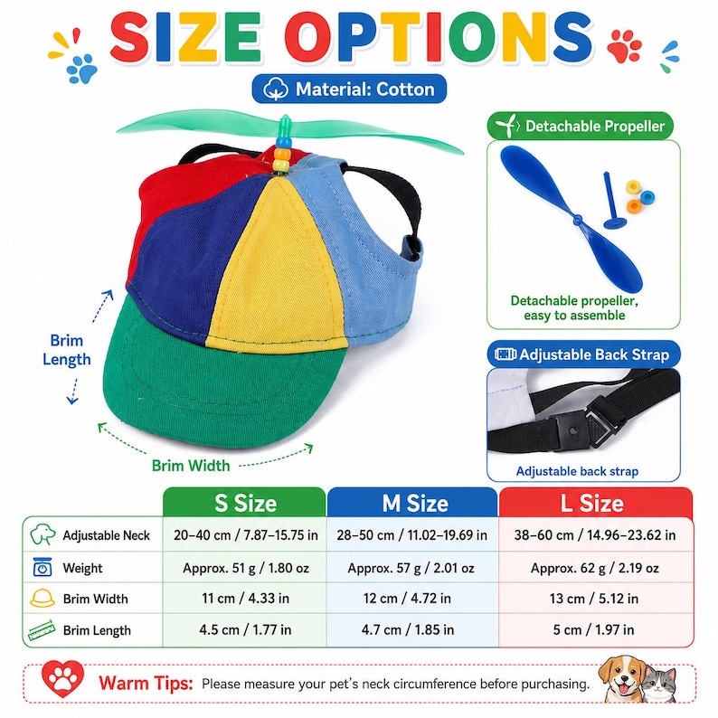 May include: A multi-colored cotton pet hat featuring a green brim and a detachable propeller on top. The hat includes an adjustable black back strap. A size chart provides measurements in inches and centimeters for small, medium, and large sizes.