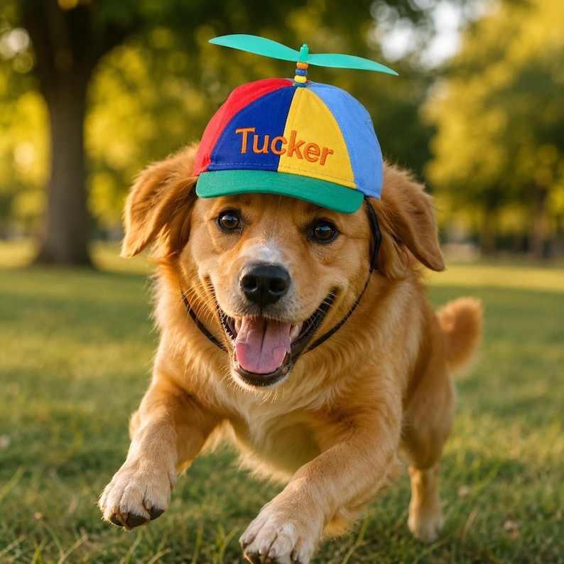 May include: A golden-brown dog wearing a multi-colored propeller hat with red, yellow, blue, and green panels. The hat features the name Tucker embroidered in orange thread on the front yellow panel and a green plastic propeller on top.