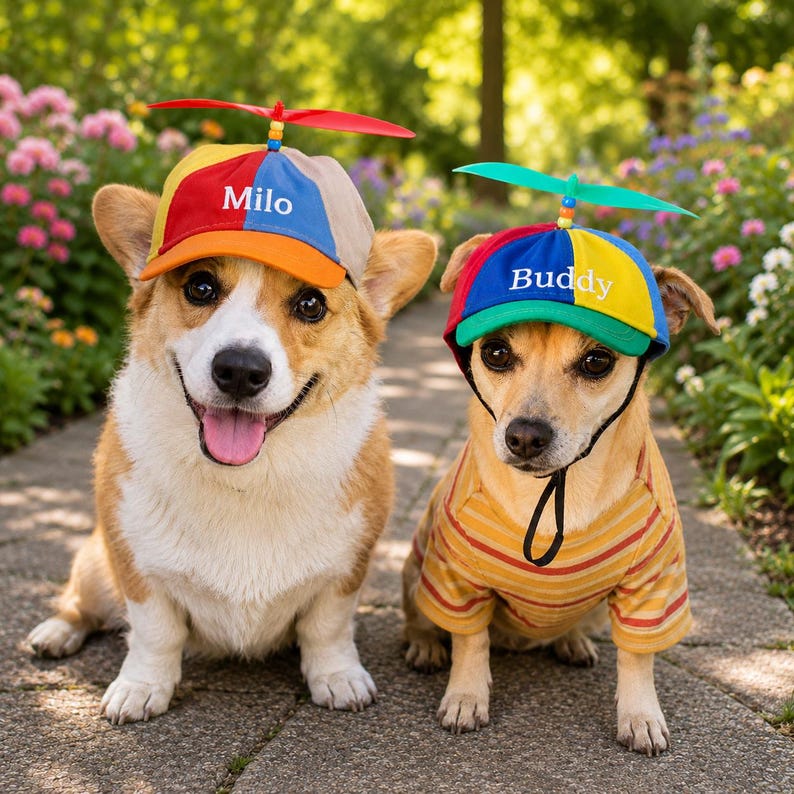 May include: Two dogs wearing colorful propeller hats and smiling. One dog is a corgi, the other is a mixed breed. The corgi's hat says "Milo" and the other dog's hat says "Buddy". The dogs are sitting on a stone path surrounded by flowers.