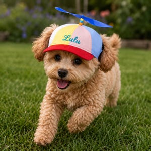 May include: A multi-colored baseball cap with a red brim, white, yellow, pink, and blue panels, and the name Lulu embroidered in green script. A blue plastic propeller toy with small colorful beads is attached to the top of the cap.