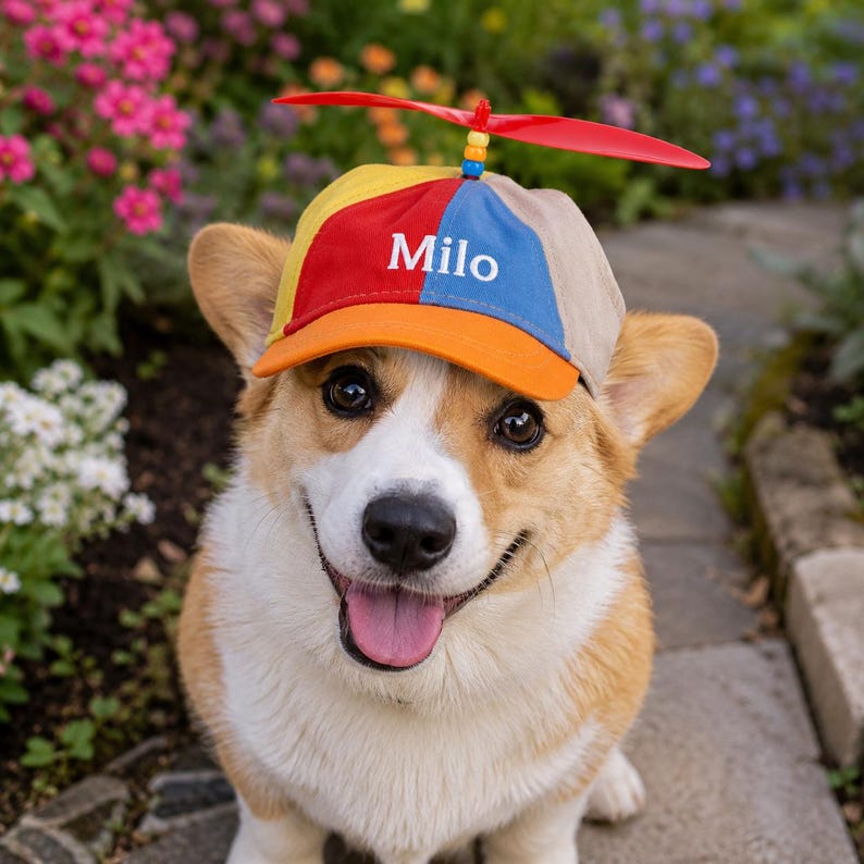 May include: A multi-colored baseball cap featuring a red, yellow, blue, and tan panel design with an orange brim. The cap displays the name Milo in white text on the front and is topped with a red plastic propeller attached by colorful beads.