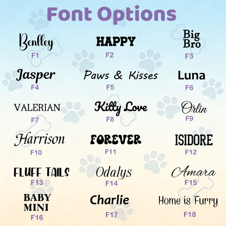 May include: A chart titled Font Options displaying eighteen distinct black text styles labeled F1 through F18. Each label features a sample word or phrase such as Bentley, HAPPY, Big Bro, Jasper, Paws & Kisses, Luna, VALERIAN, Kitty Love, Orlin, Harrison, FOREVER, ISIDORE, FLUFF TAILS, Odalys, Amara, BABY MINI, Charlie, and Home is Furry.