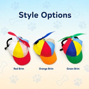 May include: Three propeller hats for pets labeled Style Options. The first hat has a red brim, the second an orange brim, and the third a green brim. Each hat features a multi-colored panel design and a plastic propeller attached to the top.